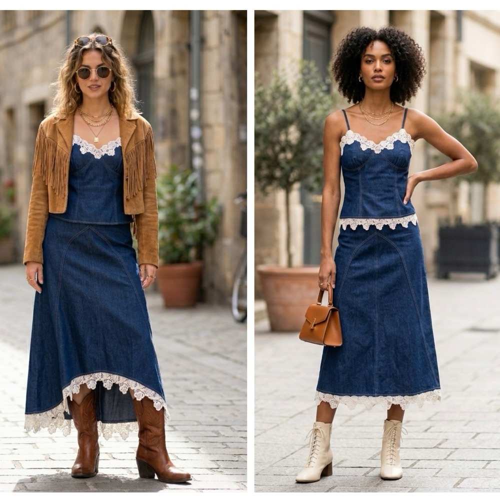 Vintage Forenza Size 6 Lace Denim Slip Skirt Midi Butterfly Bottom Y2K Boho